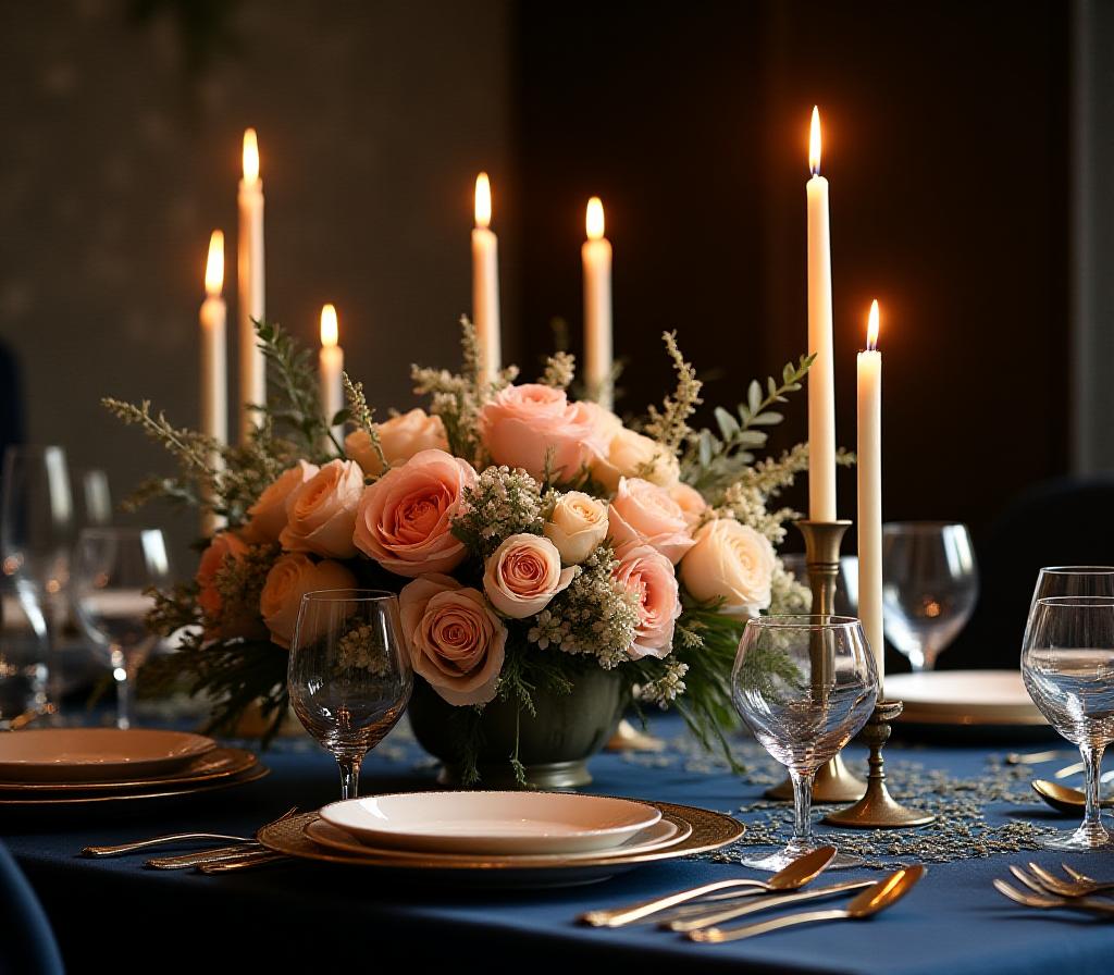 Intimate floral dining tablescape with candles