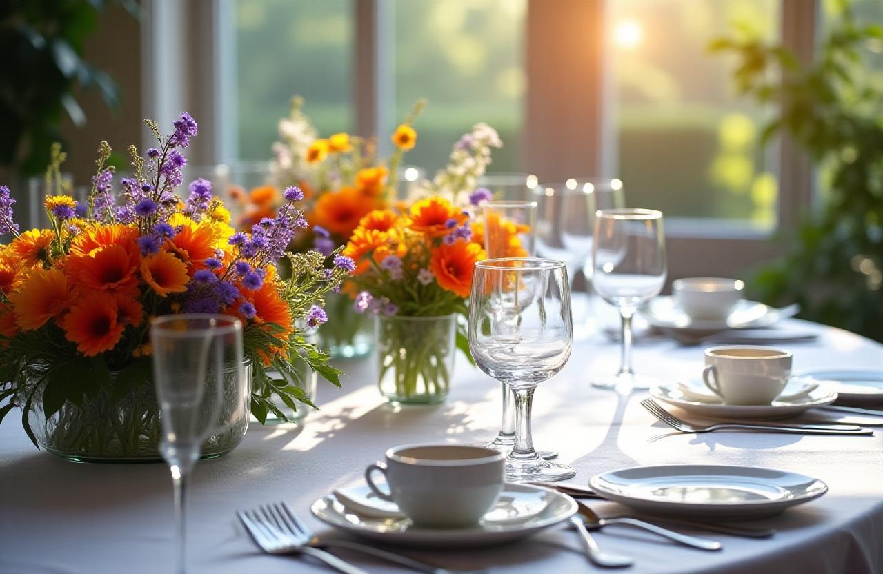 A long private dining table elegantly decorated with fresh edible flowers and fine glassware.